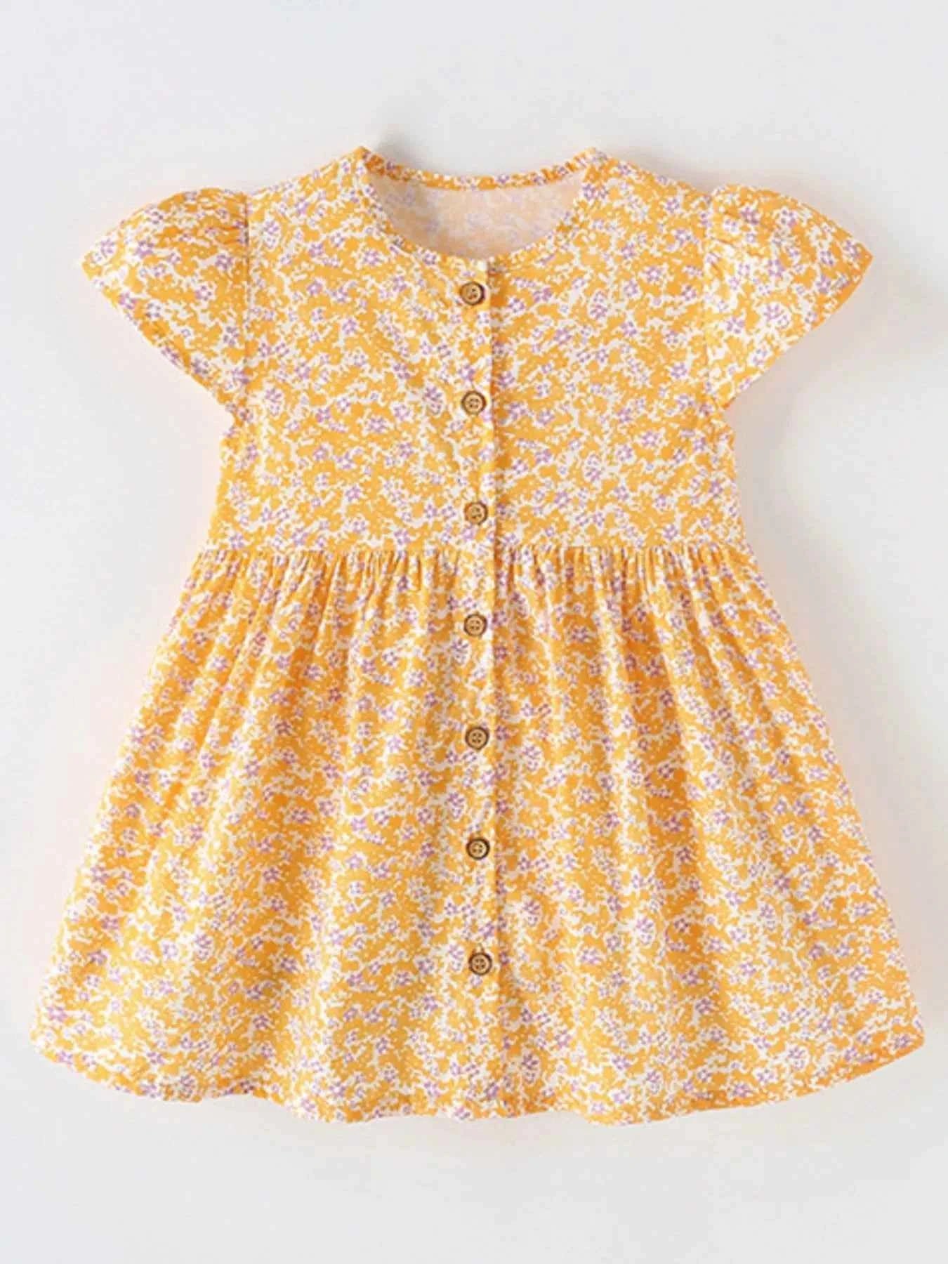 Children's Floral Print Button-Front Flutter Sleeve Dress