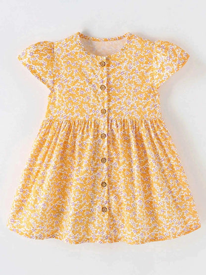 Children's Floral Print Button-Front Flutter Sleeve Dress
