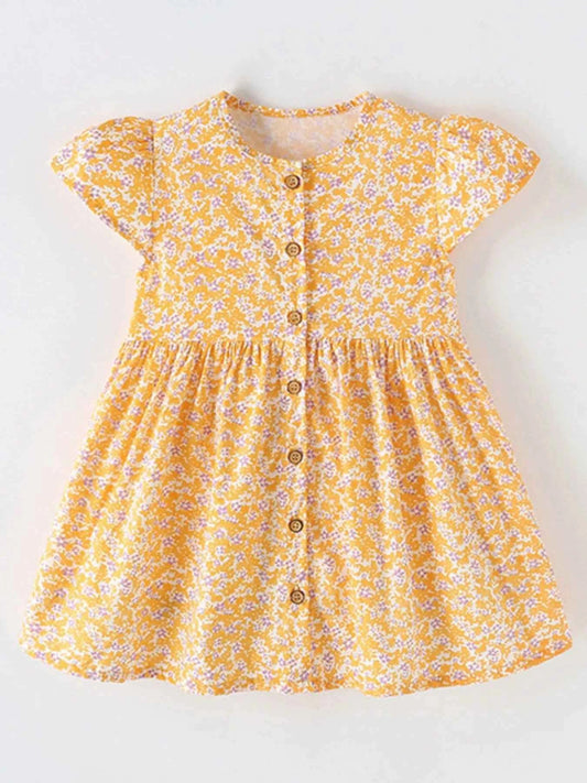 Children's Floral Print Button-Front Flutter Sleeve Dress