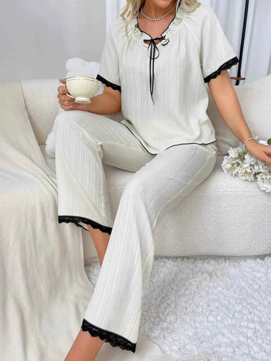 Contrast Trim Short Sleeve Top and Pants Set