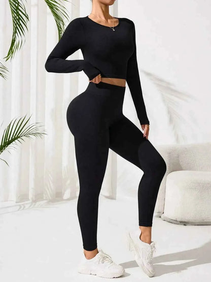 Lace-Up Back Round Neck Top and Leggings Active Set