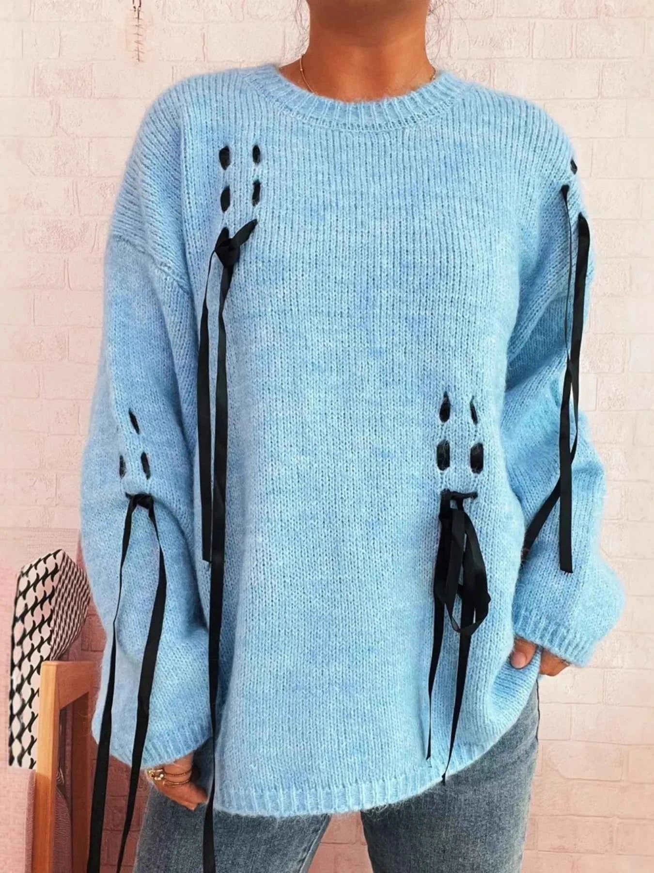 Round Neck Long Sleeve Sweater with Ribbon Details