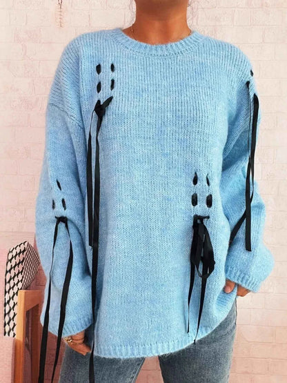 Round Neck Long Sleeve Sweater with Ribbon Details