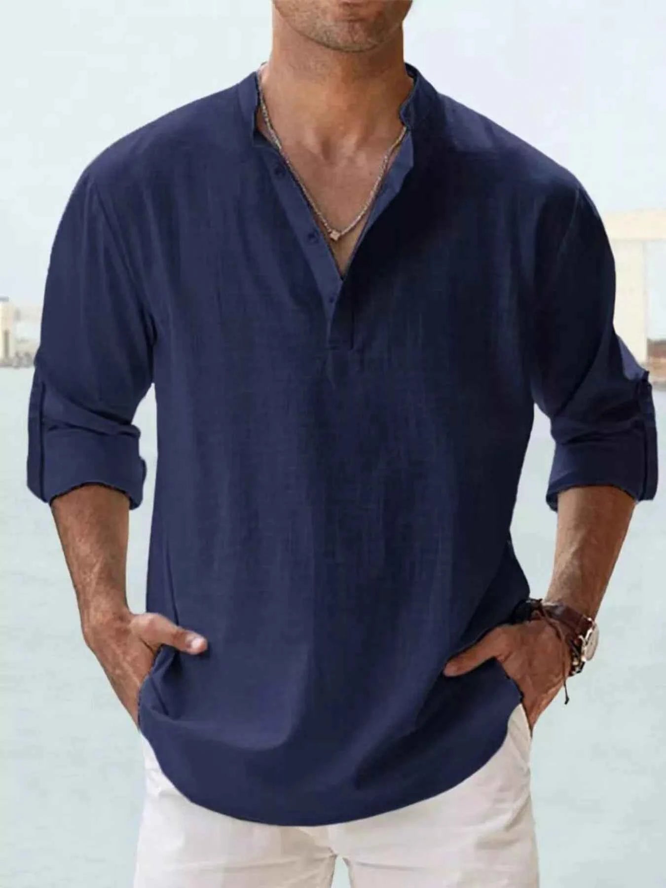 Men's Full Size Casual Button Detail Roll-Up Sleeve Blouse Plus Size