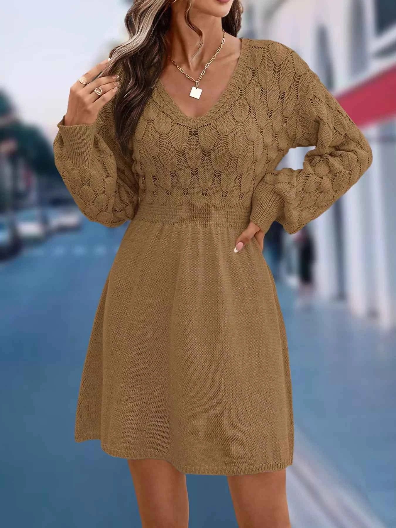 V-Neck Long Sleeve Sweater Dress