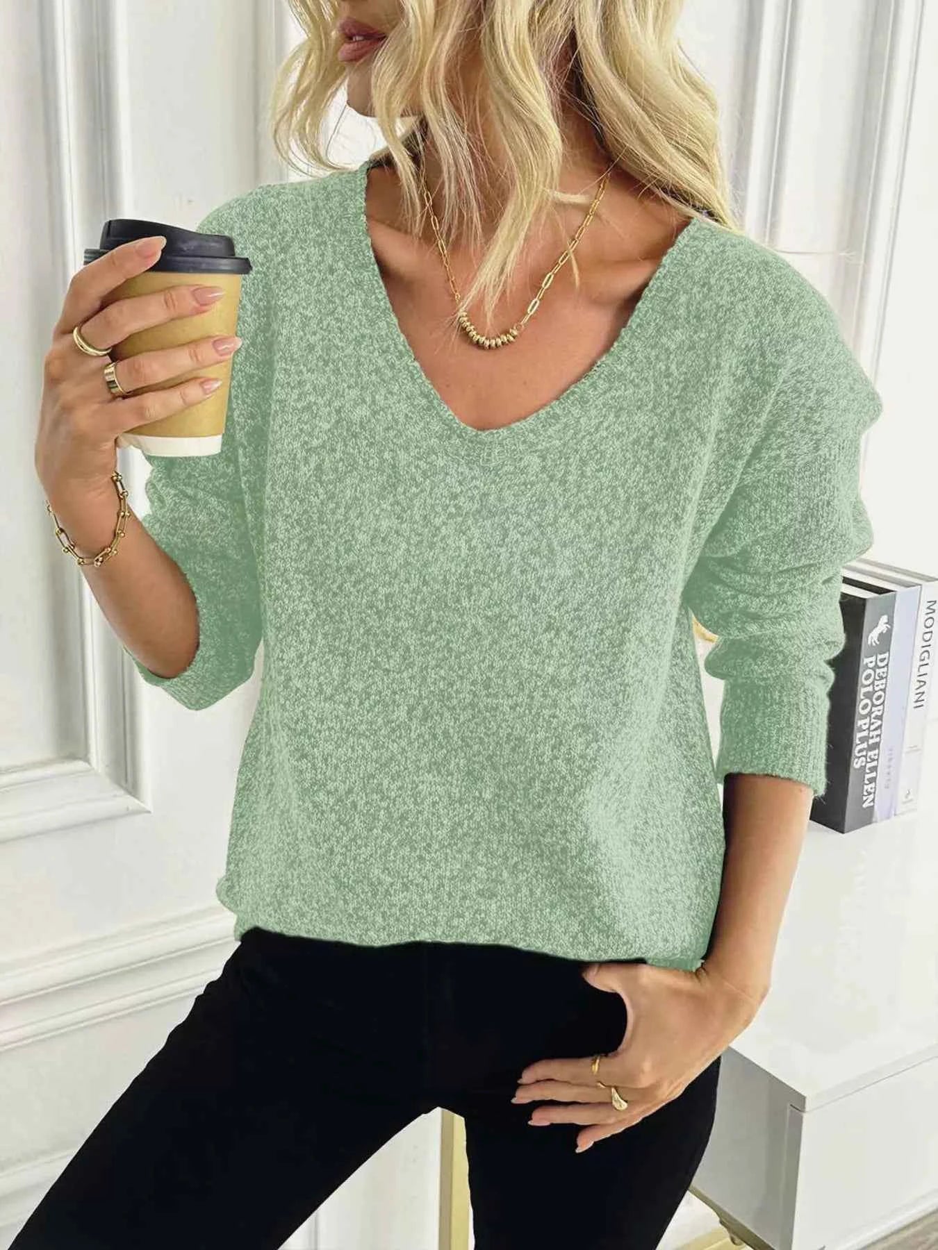 Casual V-Neck Drop Shoulder Sweater