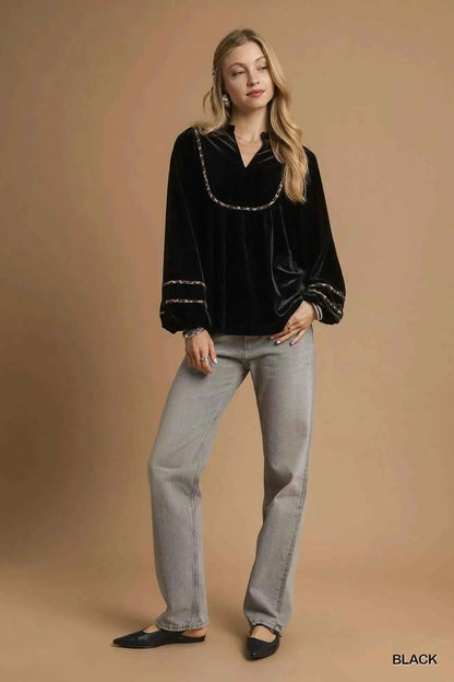 Umgee Velvet Long Sleeve Blouse with Contrast Trim