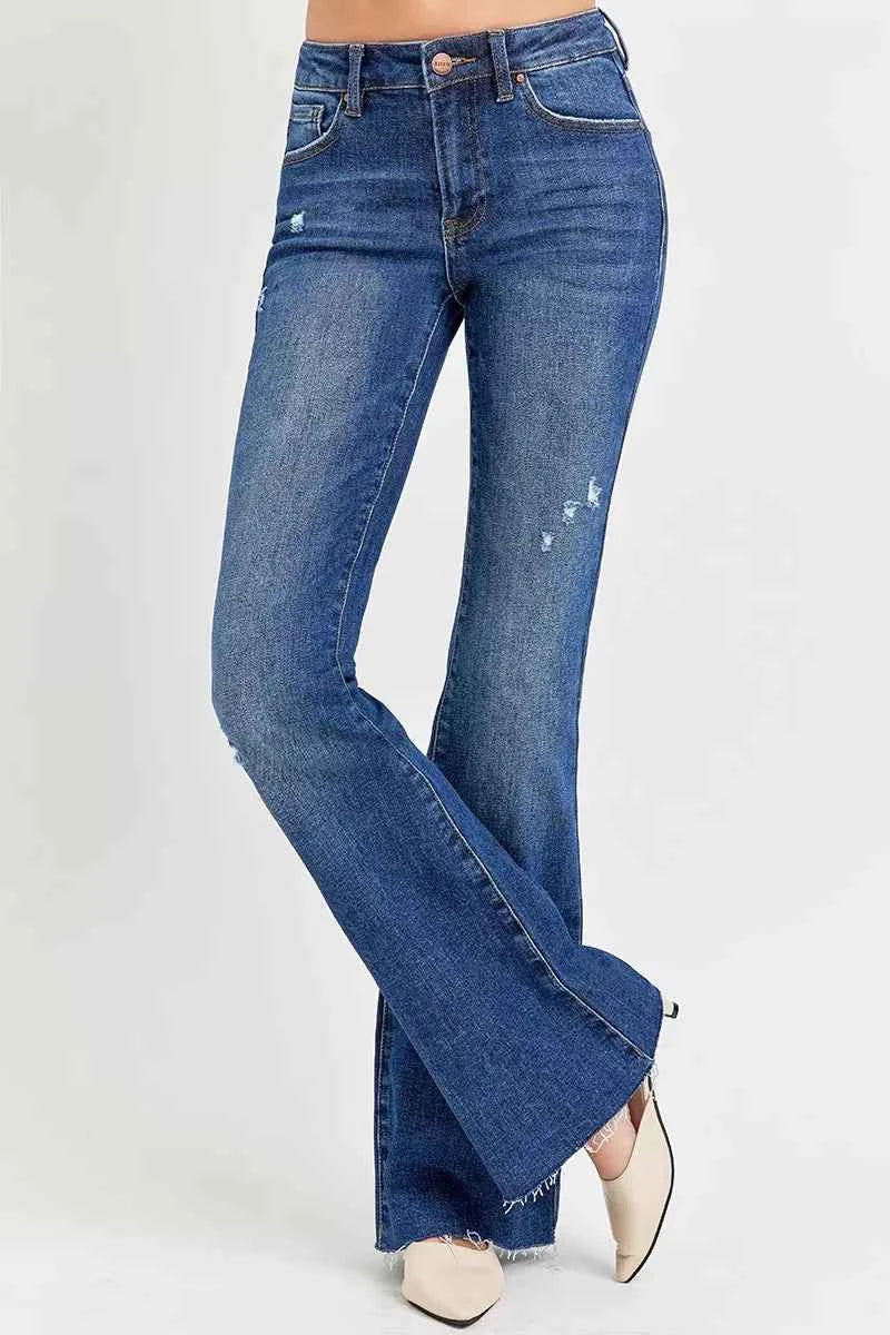 RISEN Full Size Distressed Mid Rise Flare Jeans Plus Size