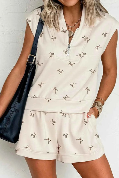 Bow Print Cap Sleeve Top and Shorts Set