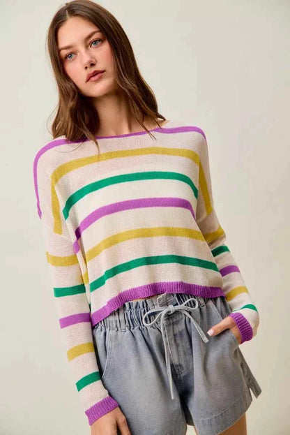 SO ME Mardi Gras Color Stripe Lightweight Sweater Top
