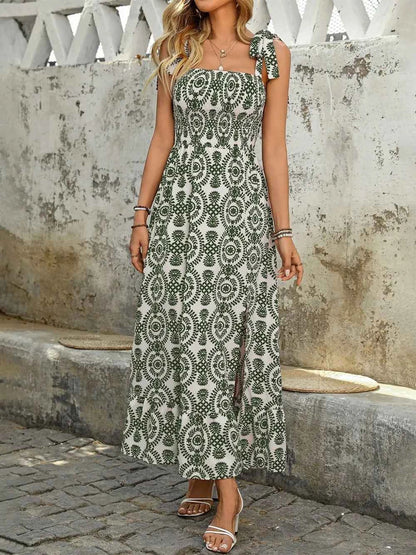 Smocked Slit Printed Tie Shoulder Dress