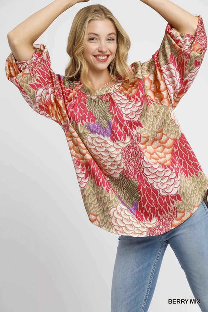 Umgee Boho Feather Print Peasant Blouse