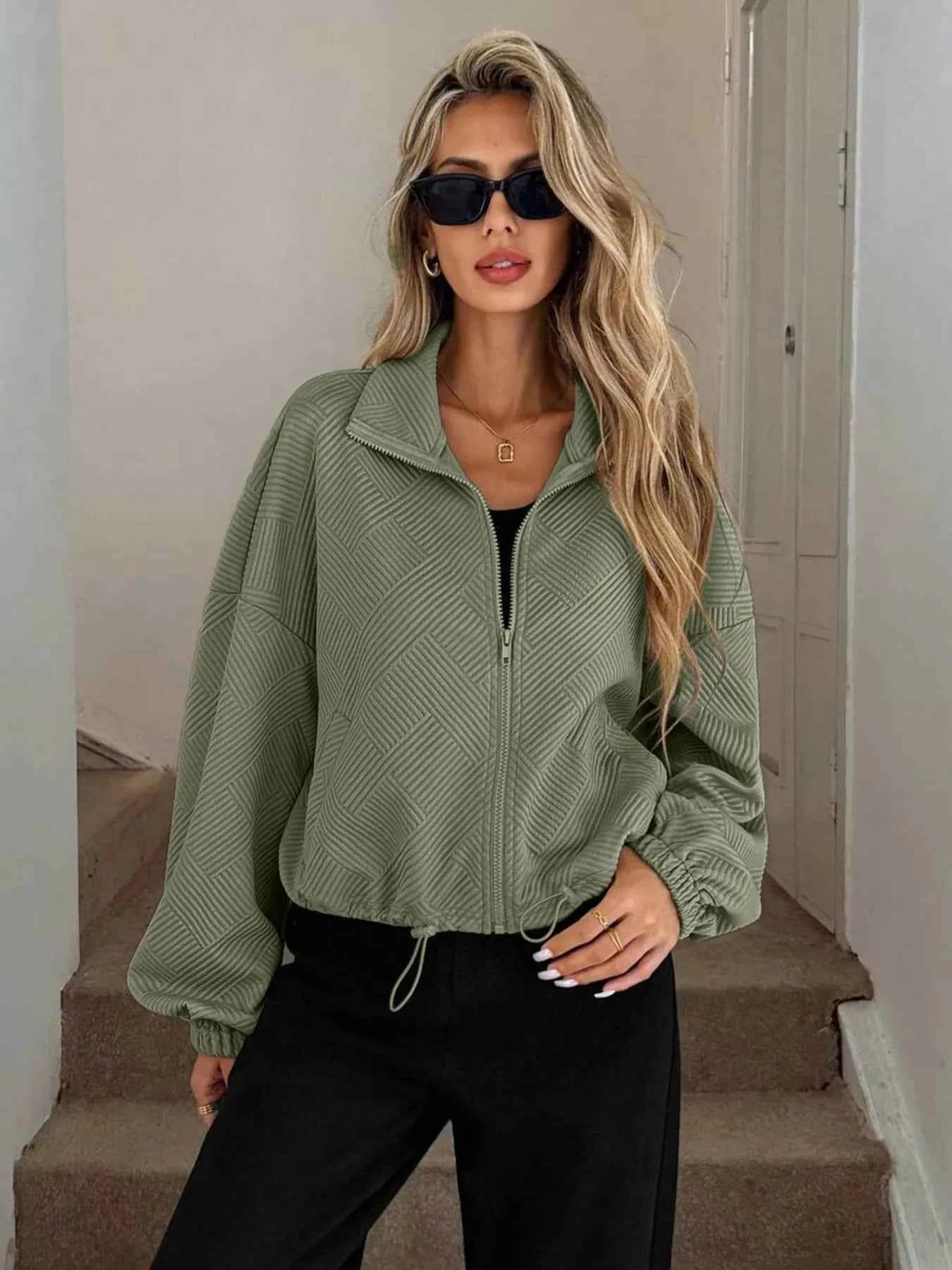 Drawstring Hem Textured Long Sleeve Jacket