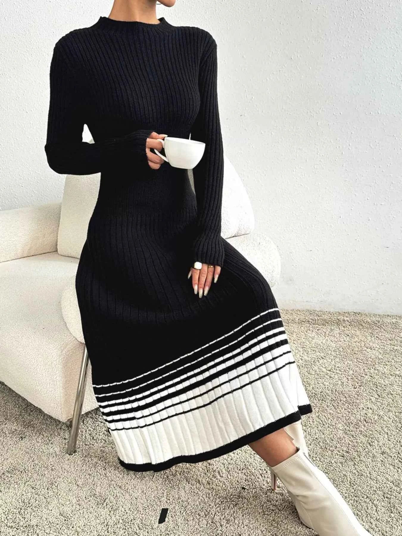 Ribbed Knit Sweater Dress with Striped Hem