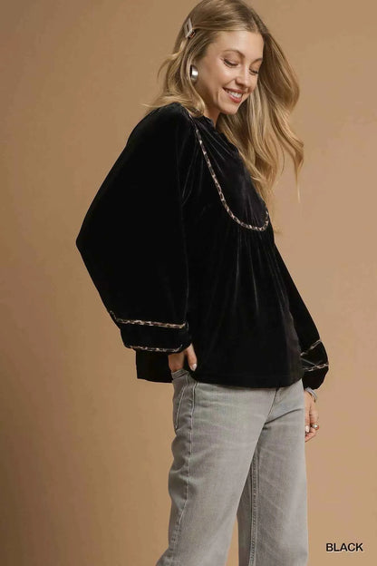 Umgee Velvet Long Sleeve Blouse with Contrast Trim