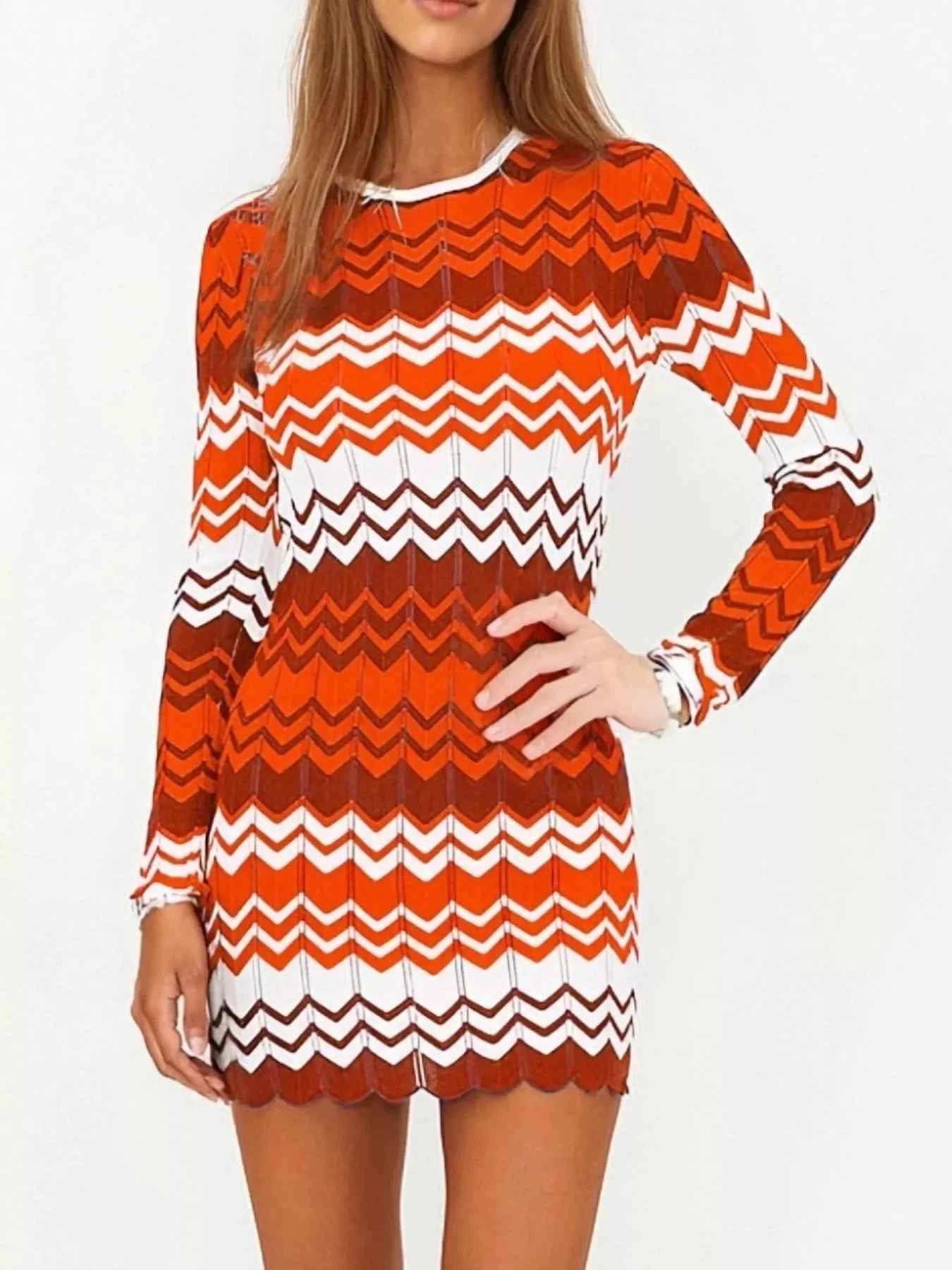 Openwork Wave Pattern Long Sleeve Sweater Dress
