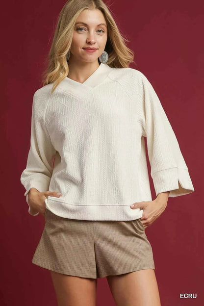 Umgee Textured Knit V-Neck Top