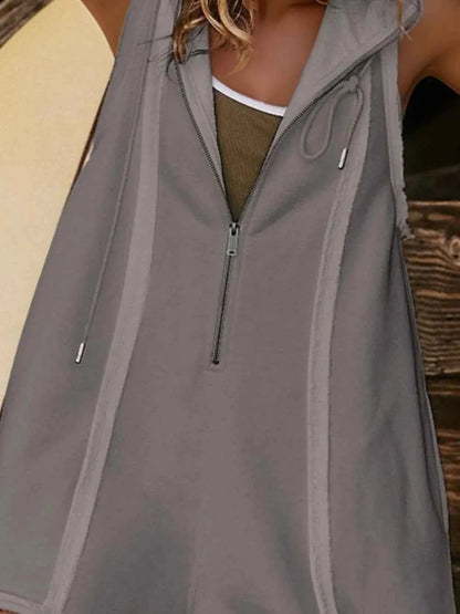 Half Zipped Hooded Sleeveless Romper