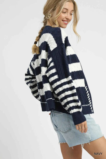 Umgee Cable-Knit Stripe Button-Up Cardigan