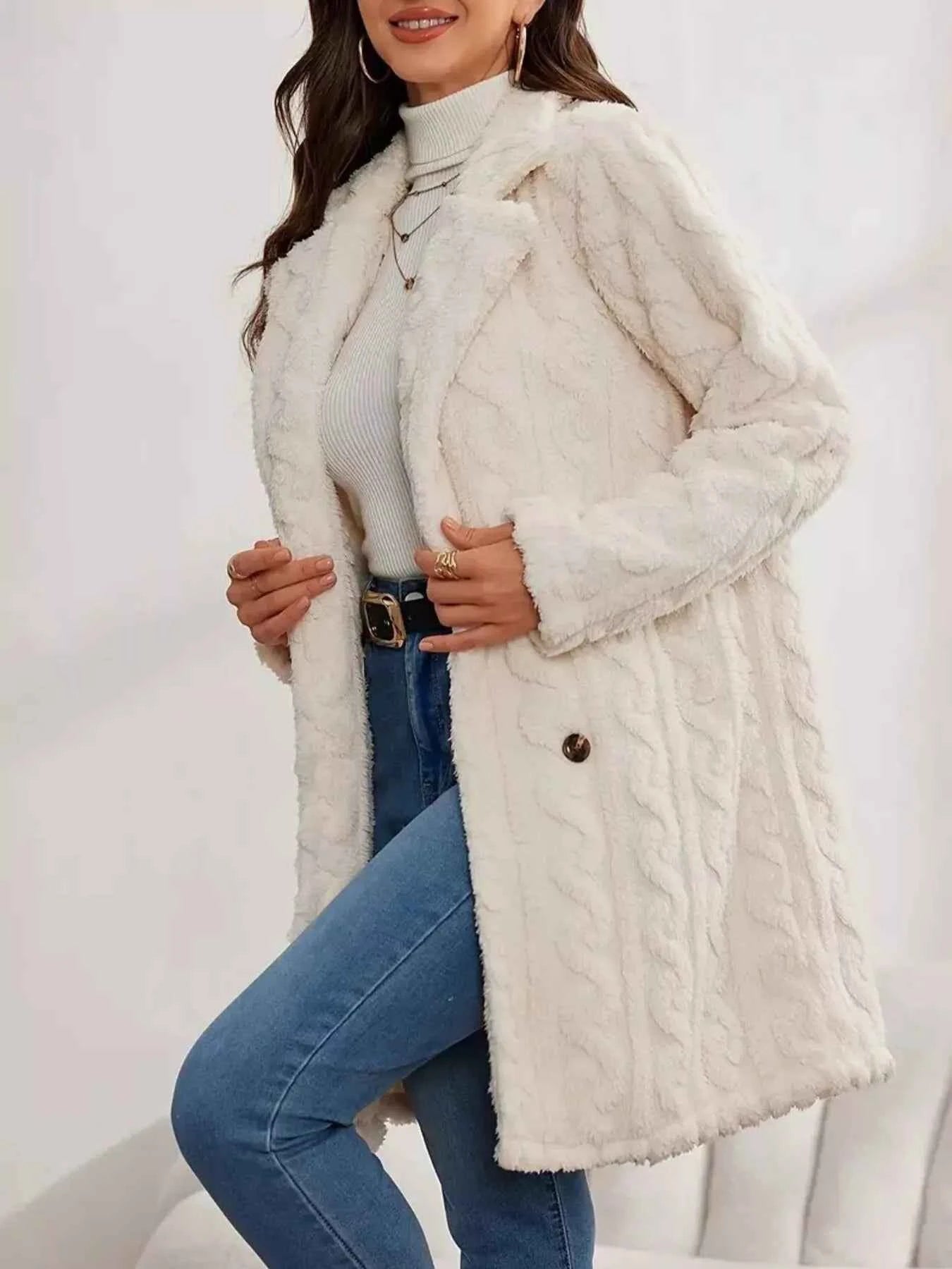 Double-Breasted Fleece Longline Coat
