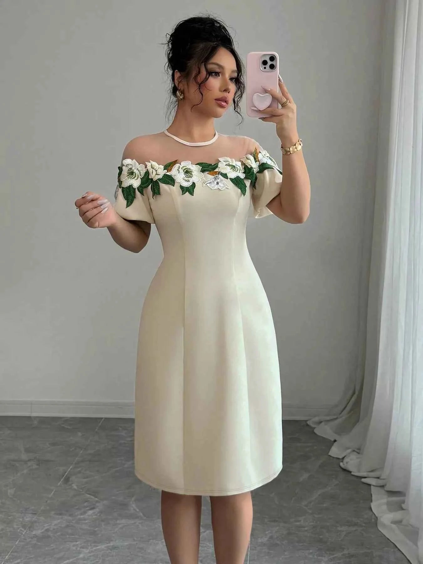 Floral Embroidered Puff Sleeve Dress with Mesh Shoulder