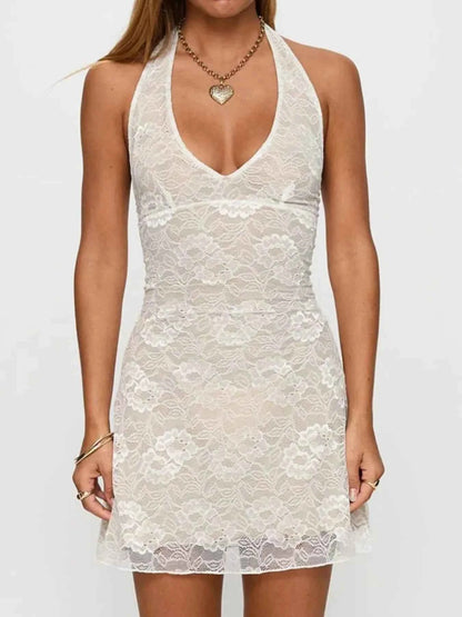 Floral Lace Halter Deep V-Neck Bodycon Dress