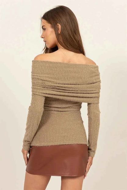 HYFVE Fuzzy Off Shoulder Textured Knit Top