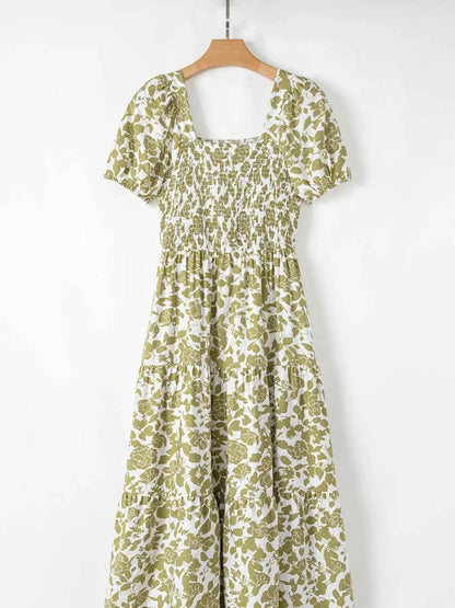 Boho Floral Square Neck Smocked Bust Puff Sleeve Tiered Dress