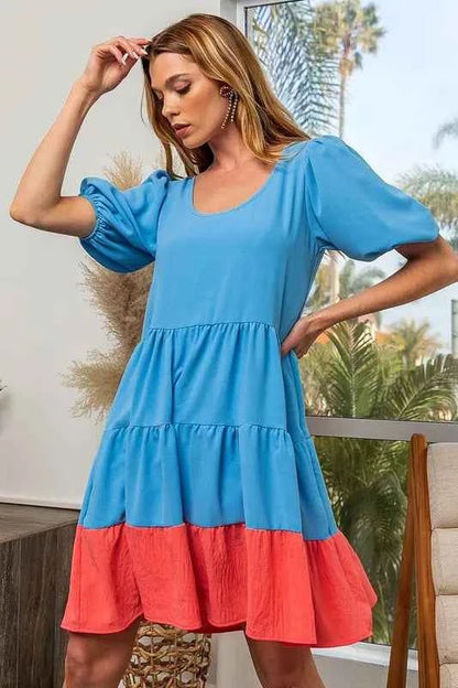 BiBi Two-Tone Balloon Sleeves U Neck Tiered Ruffle Hem Mini Dress