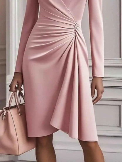 Front Ruched V-Neck Long Sleeve Dress