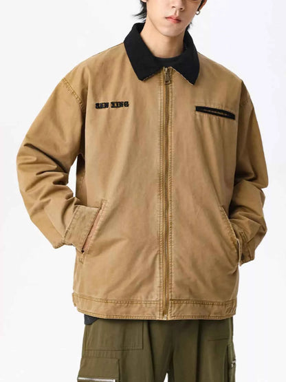 Men's Plus Size Vintage Zipper Front Jacket with Contrast Collar