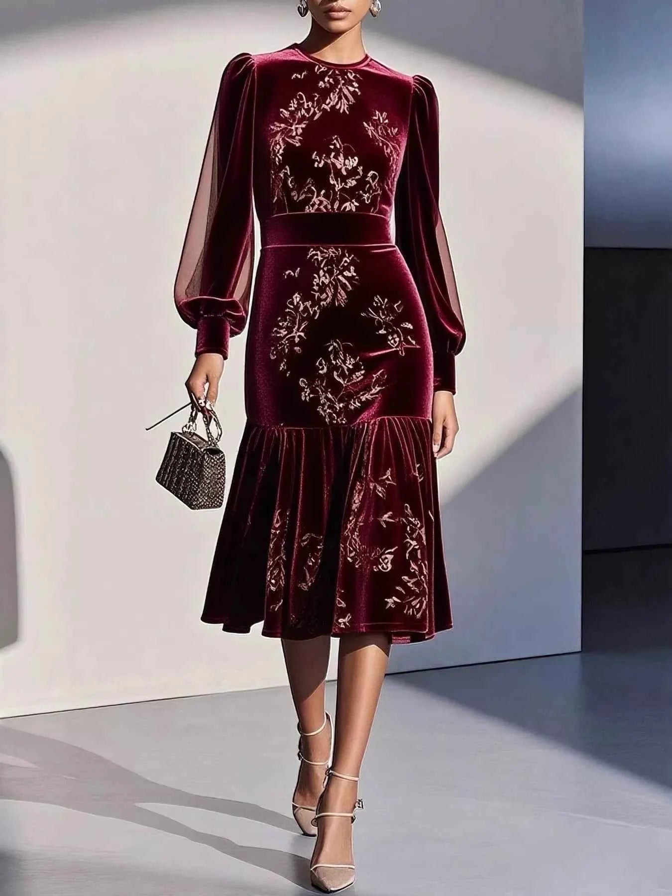Velvet Floral Lantern Sleeve Midi Dress