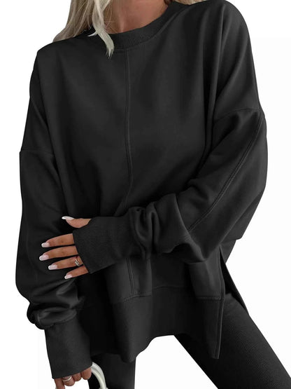 Side Slit Round Neck Long Sleeve Sweatshirt