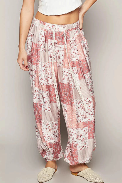 POL Drawstring Floral Patchwork Wide leg Pants