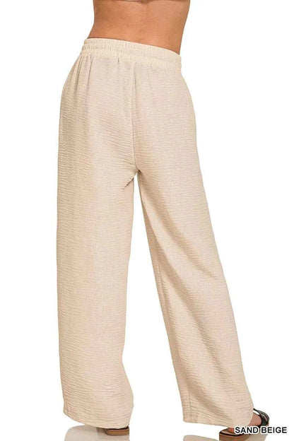 Zenana Woven Crepe Elastic Band Pants
