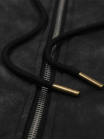 Men's Drawstring Washed Zip Up Hooded Jacket