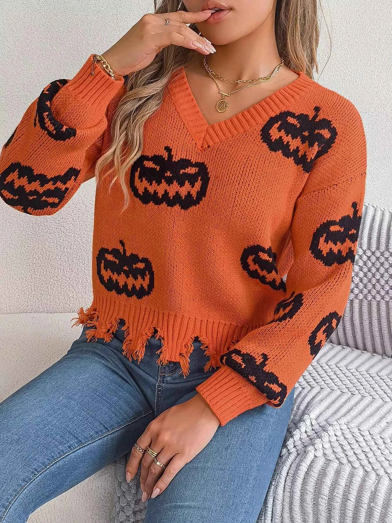 Halloween Pumpkin Pattern Raw Hem V-Neck Sweater