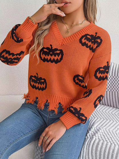 Halloween Pumpkin Pattern Raw Hem V-Neck Sweater