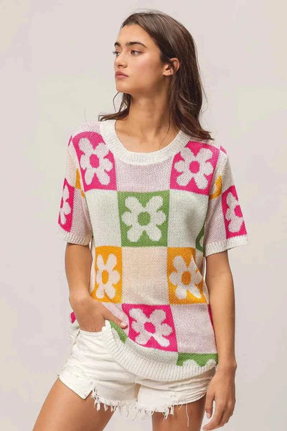 BiBi Flower Checker Pattern Lightweight Sweater Top