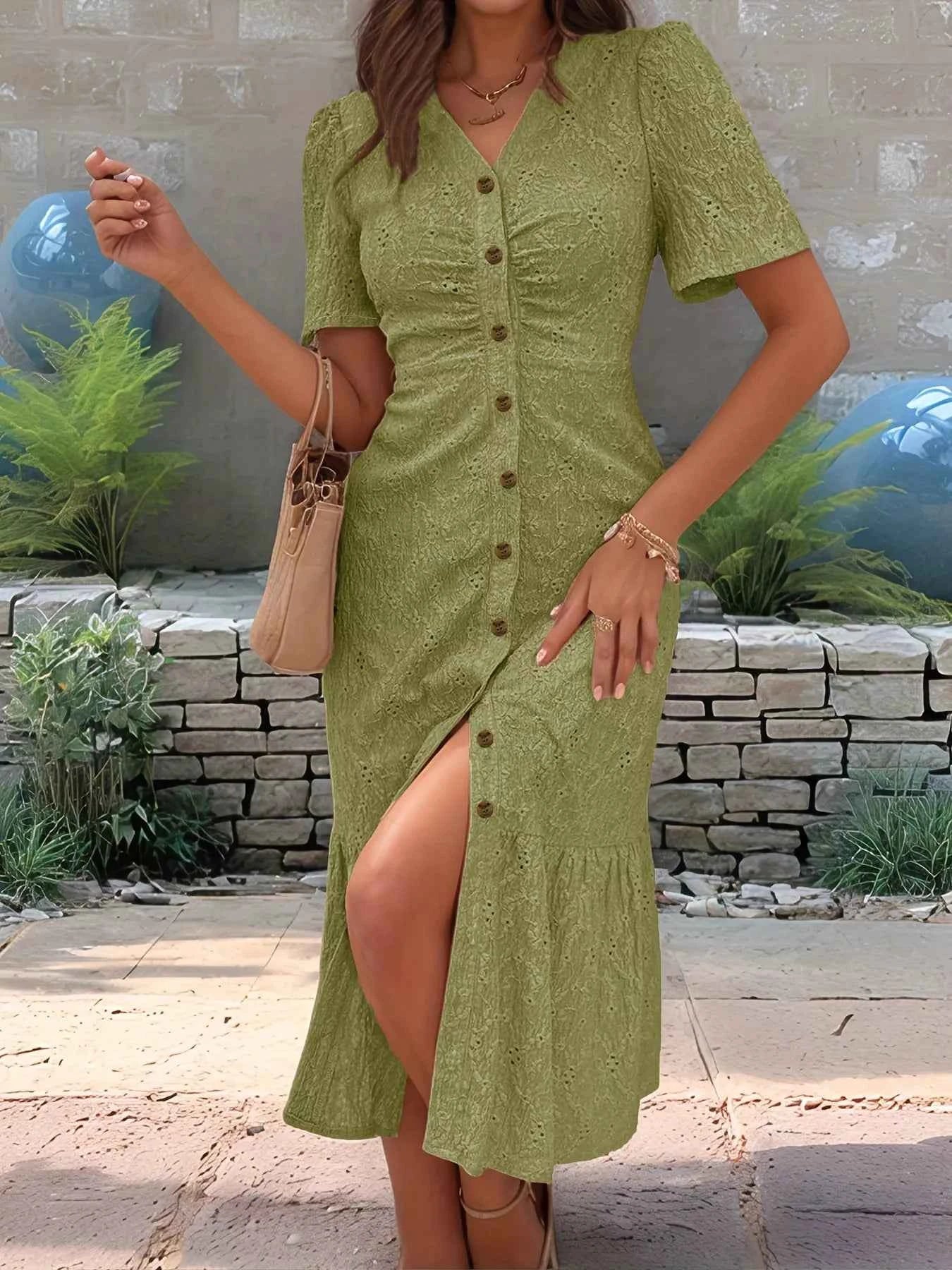 Eyelet Embroidered Button-Down Midi Dress