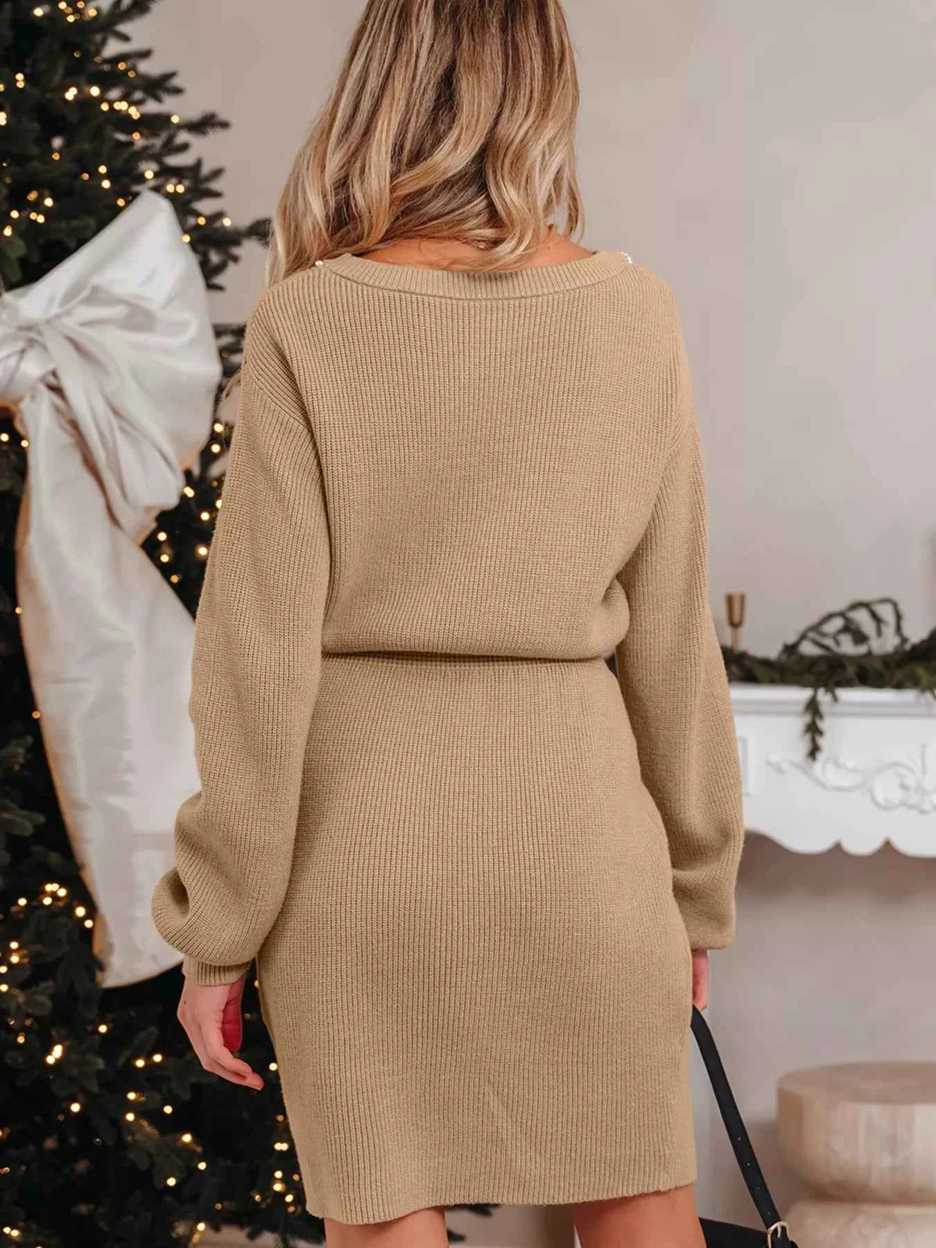 Pearl Embellished Keyhole Ribbed Sweater Dress