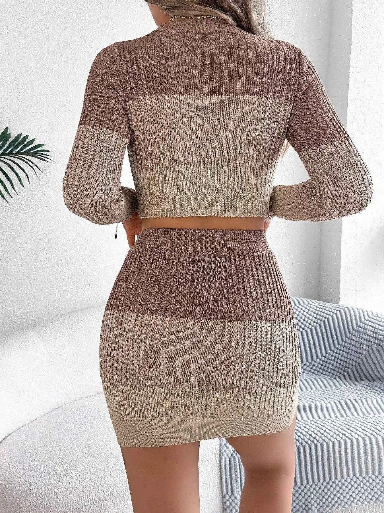 Color Block Ribbed Knit Top and Skirt Sweater Set