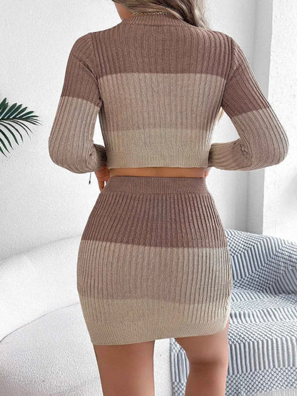 Color Block Ribbed Knit Top and Skirt Sweater Set