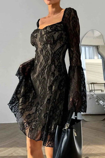 Lace Sweetheart Neck Flare Sleeve Mini Dress