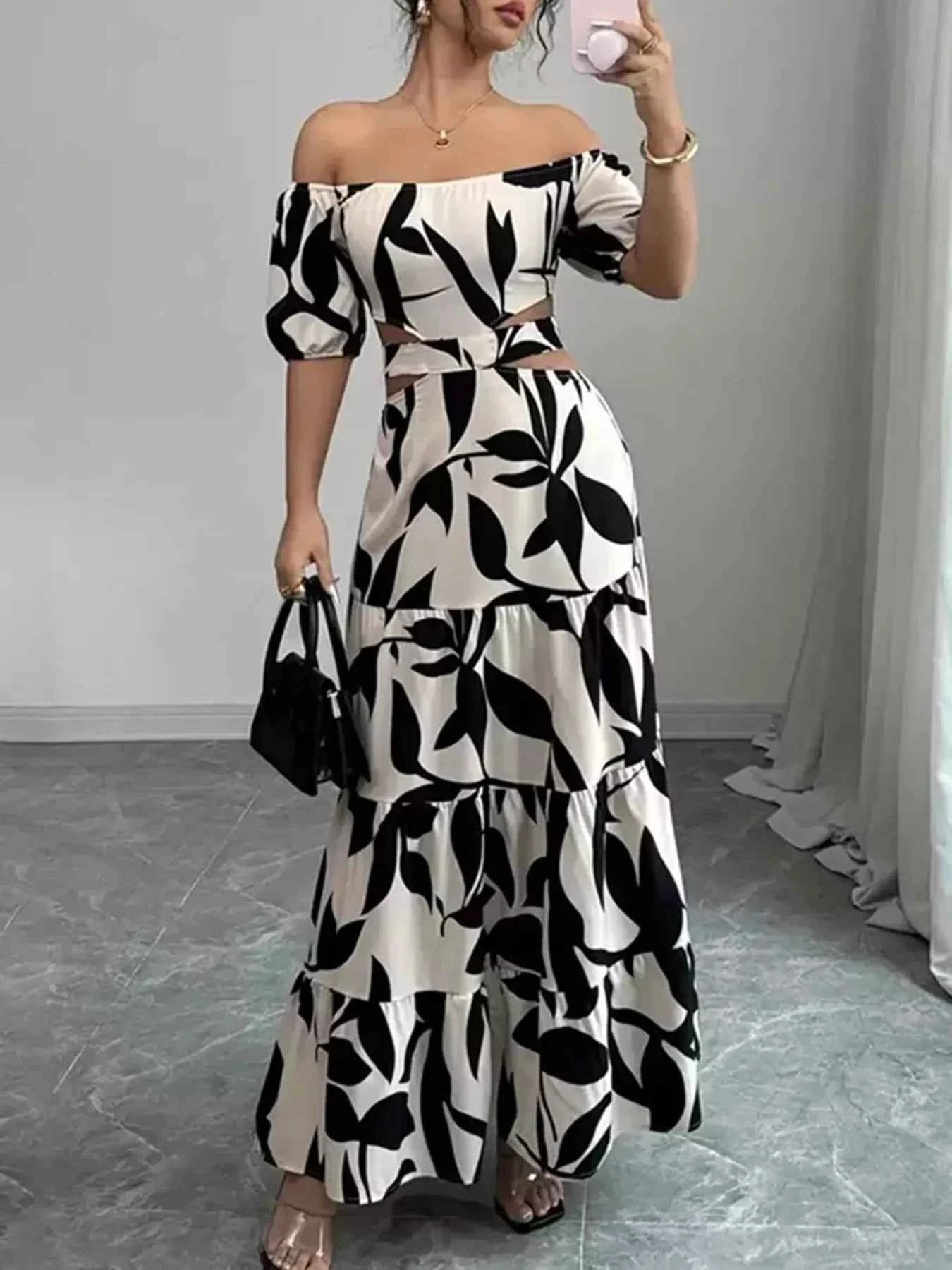 Off-Shoulder Cutout Leaf Print Maxi Dress