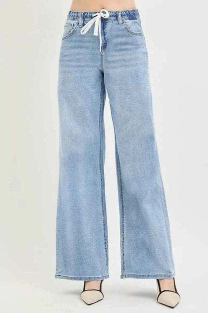 RISEN Elastic Band Slouchy Wide Jeans with Drawstring