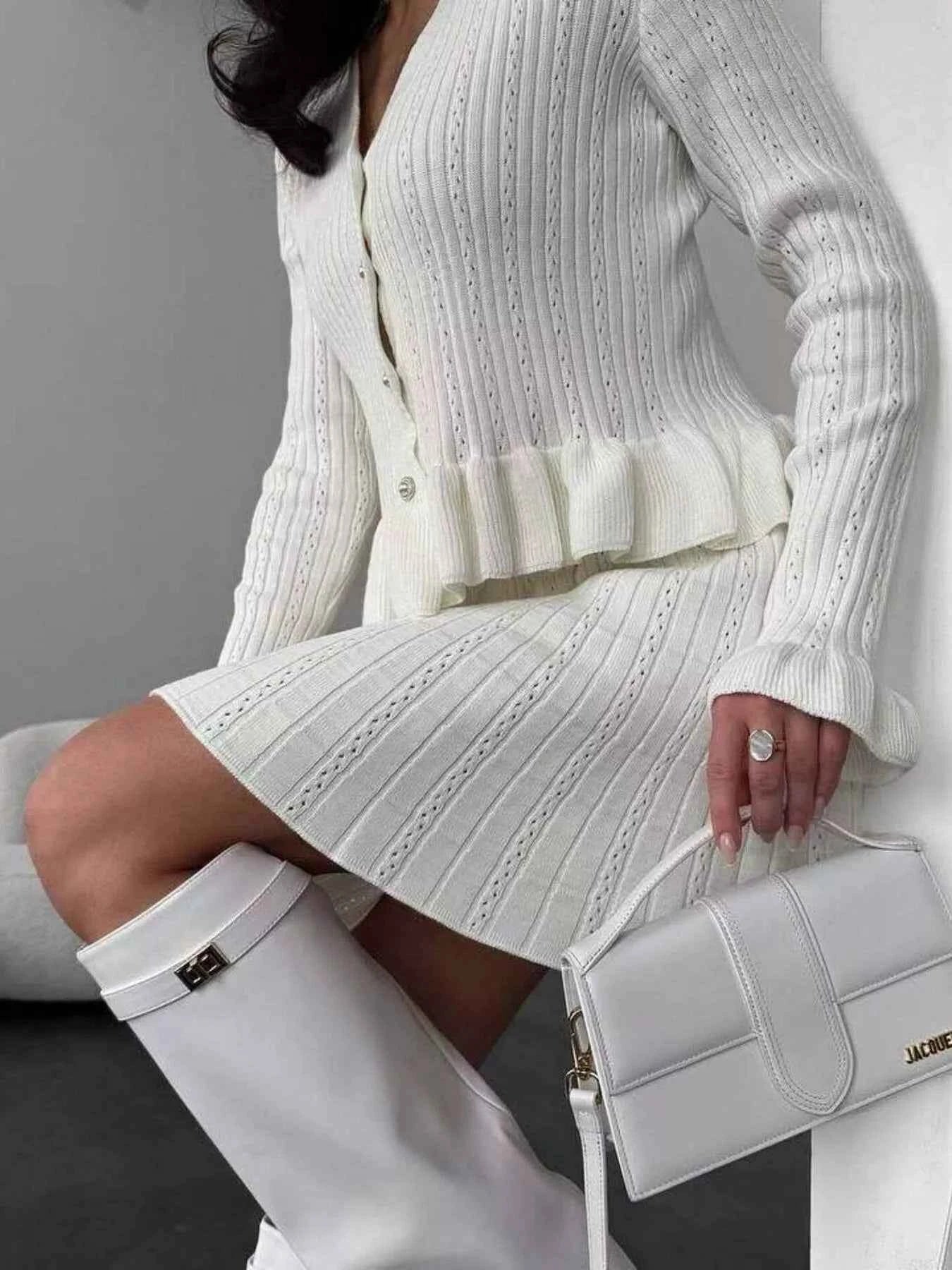 Ruffle Trim Knit Cardigan & Skirt Set