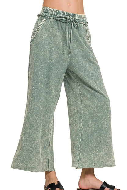 Zenana Washed French Terry Palazzo With Pockets