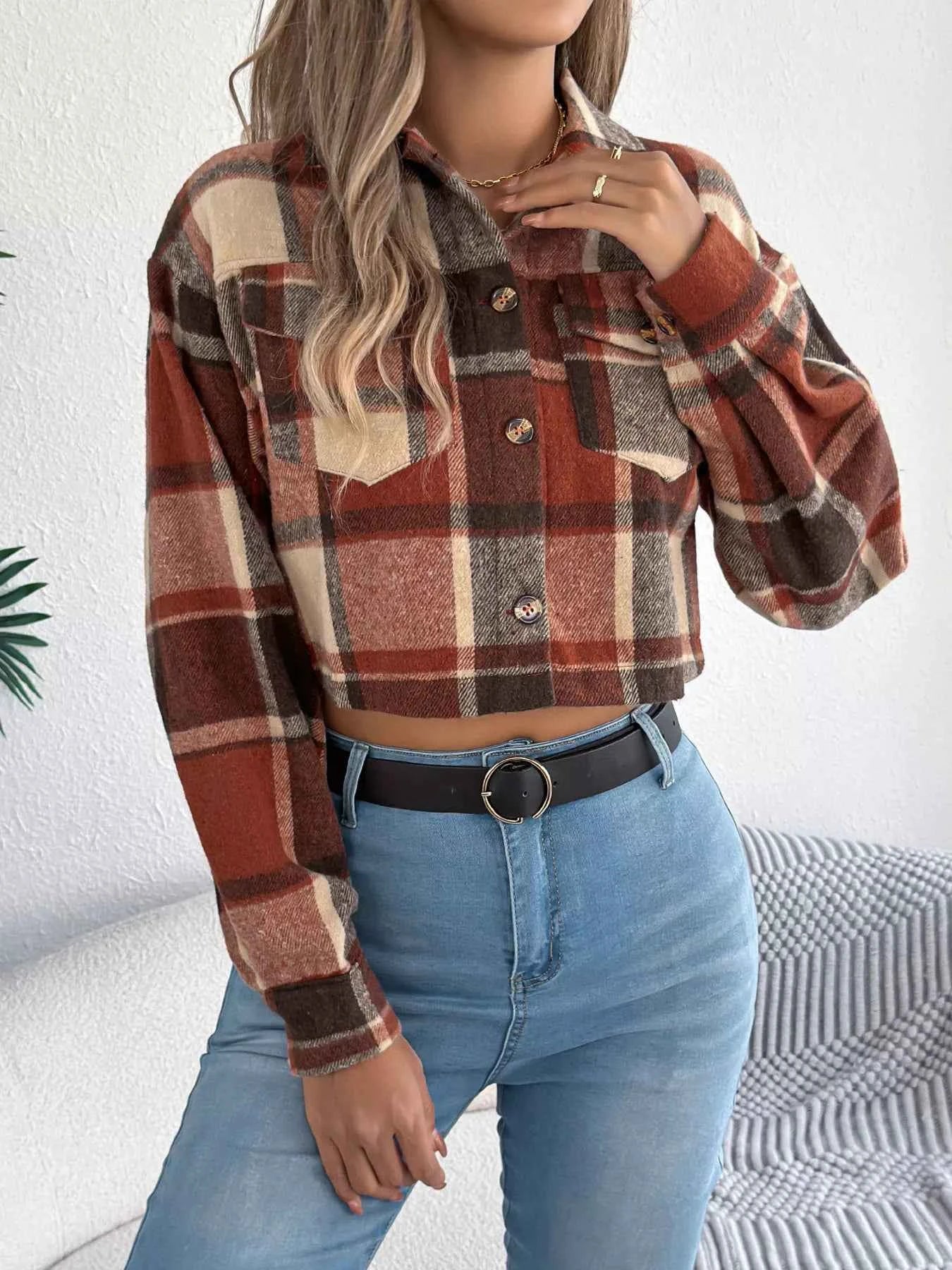 Plaid Button Up Cropped Jacket