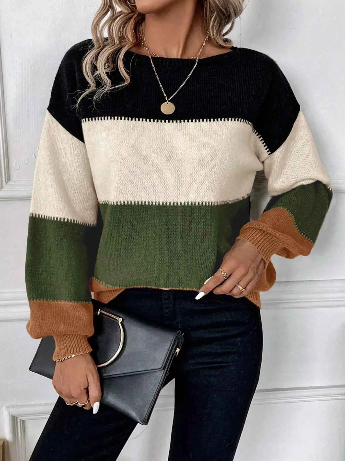 Color Block Round Neck Knit  Sweater